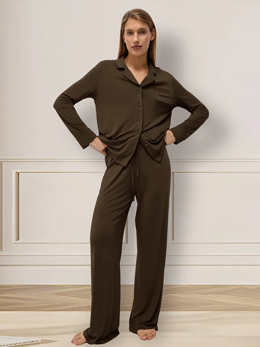 

DriftWear Autumn Winter Comfort Soft Sleepwear Set Women Single-Breasted Long-Sleeve Top+Loose Wide Leg Pant Nightwear 2PCS Sets