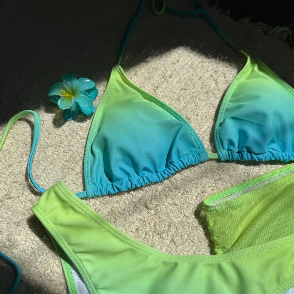 Sexy Gradient Bikinis Set Mesh Skirt Y2K Swimsuit Backless String Bikini Outfit Woman Vacation Swimwear Beach Thong Bathing Suit