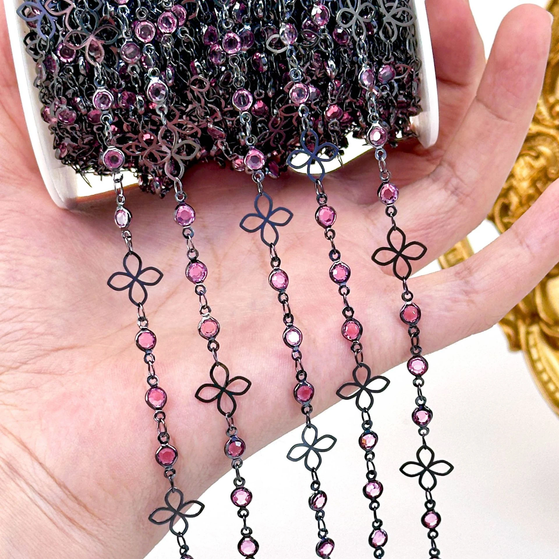0,5/1/2M Exquisite Vintage-Blumen-Hohlkette mit Glasrhinestonen für Schmuckherstellung DIY Halsketten Armbänder Zubehör