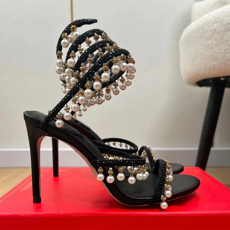 Luxury Rhinestones Pearls Tassels Women Gladiator Sandals Sexy Snake Ankle Strap Satin High heels Summer Banquet Wedding Shoes view 4