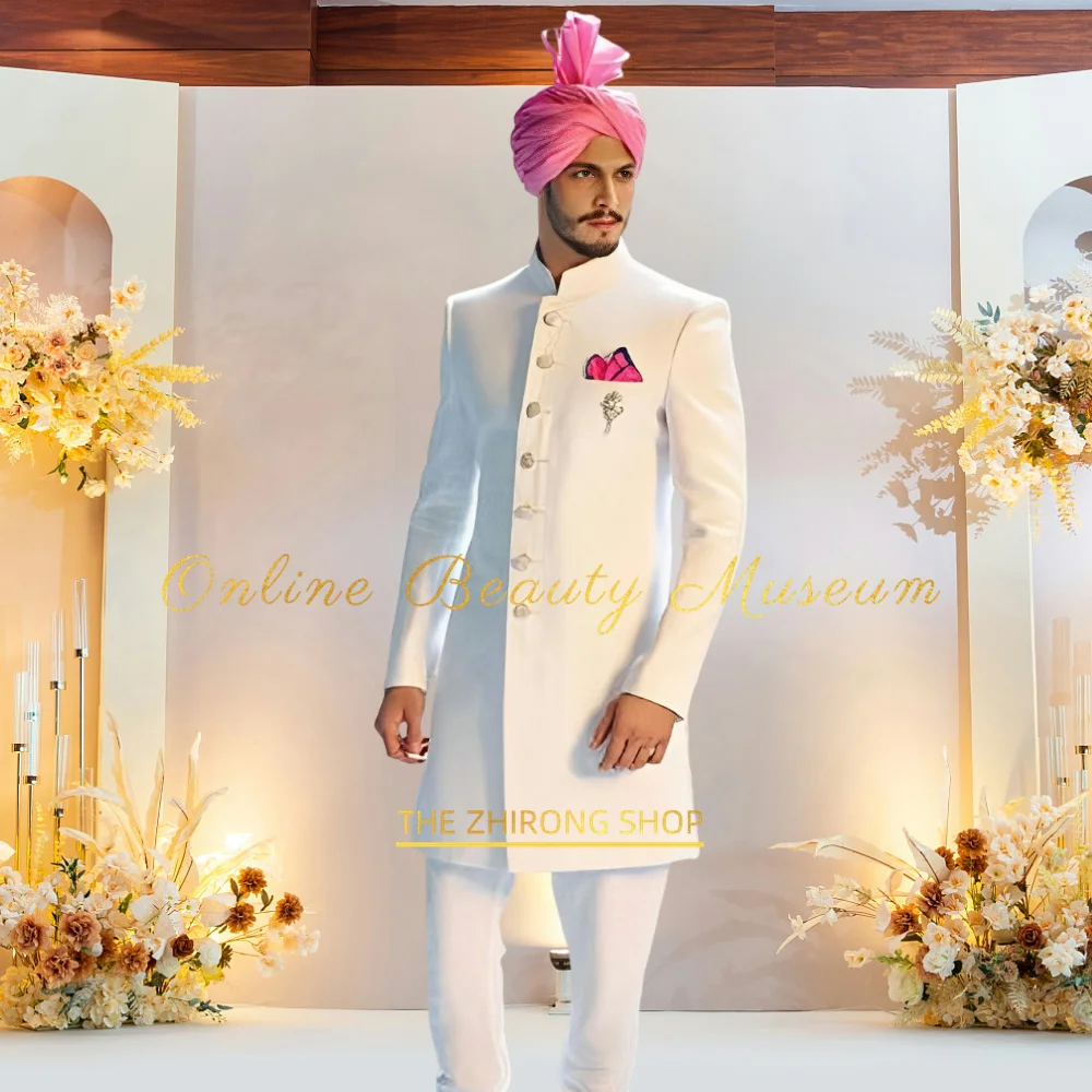 Setelan 2 potong pria India (jaket + celana) Klasik Sherwani untuk Indo resepsi pernikahan Sangeet pengantin pria gaun kustom pesta koktail