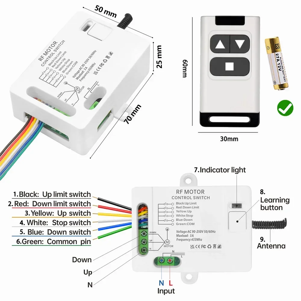 Tedeligo Wireless 433MHz AC 110V 220V Curtain Gate Garage Awning Motor Blinds Remote Control Switch Opener,Support Manual Switch