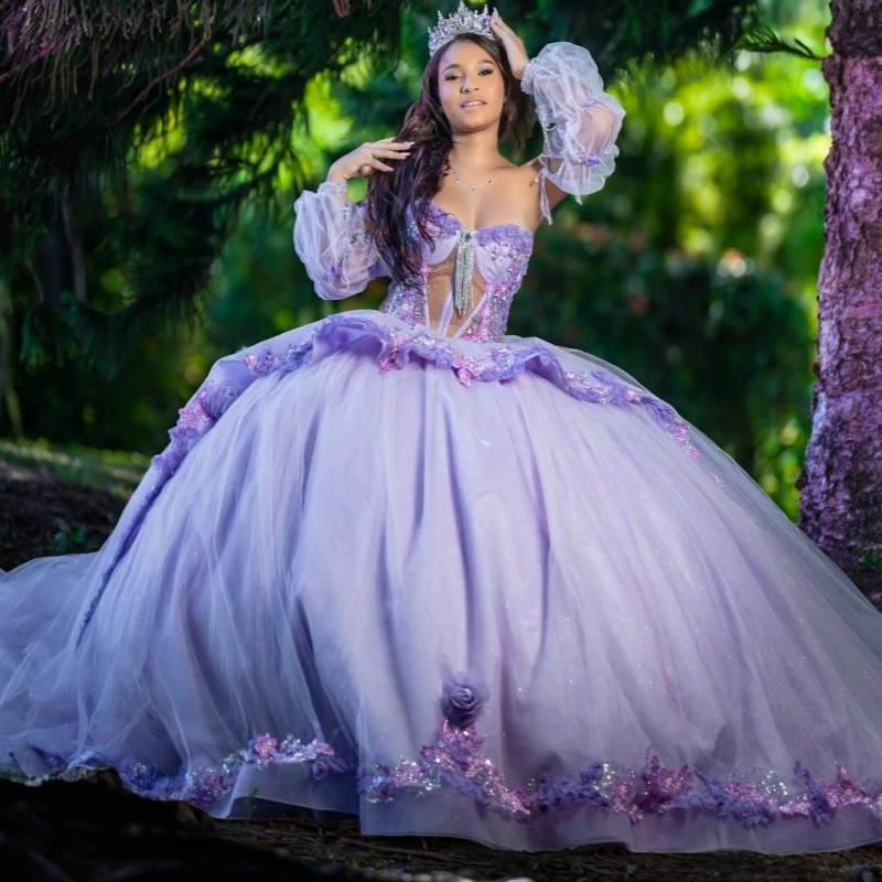 

Лавандовое блестящее платье Quinceanera, бальное платье с открытыми плечами, аппликация, цветок, бисер, тюлевой корсет, вечерние платья на день рождения, 15 де