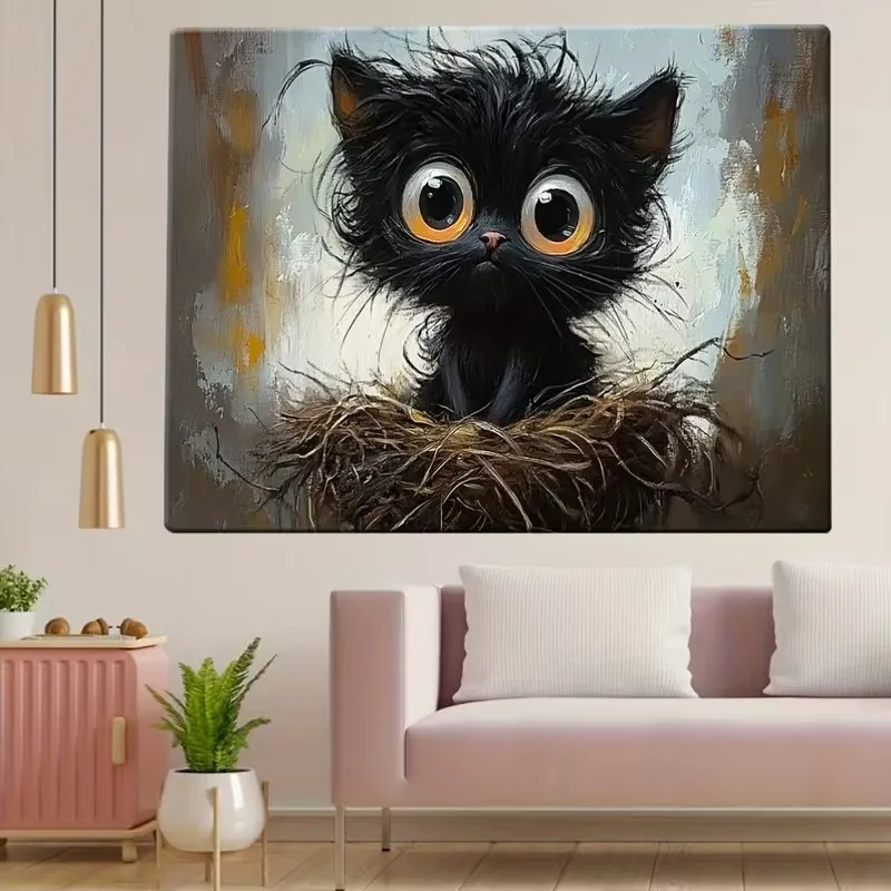Big-eyed Black Cat Sitting in A Bird's Nest Poster and Prints Animal Canvas Painting Wall Art Picture for Living Room Home Decor view 4
