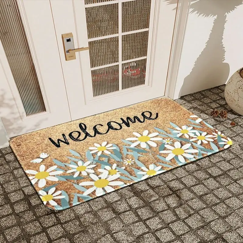 Floral & Letter Graphic Mat Welcome Entrance Doormat Non Slip Kitchen Bath Floor Rug Washable Carpet for Home Bedroom Decoration