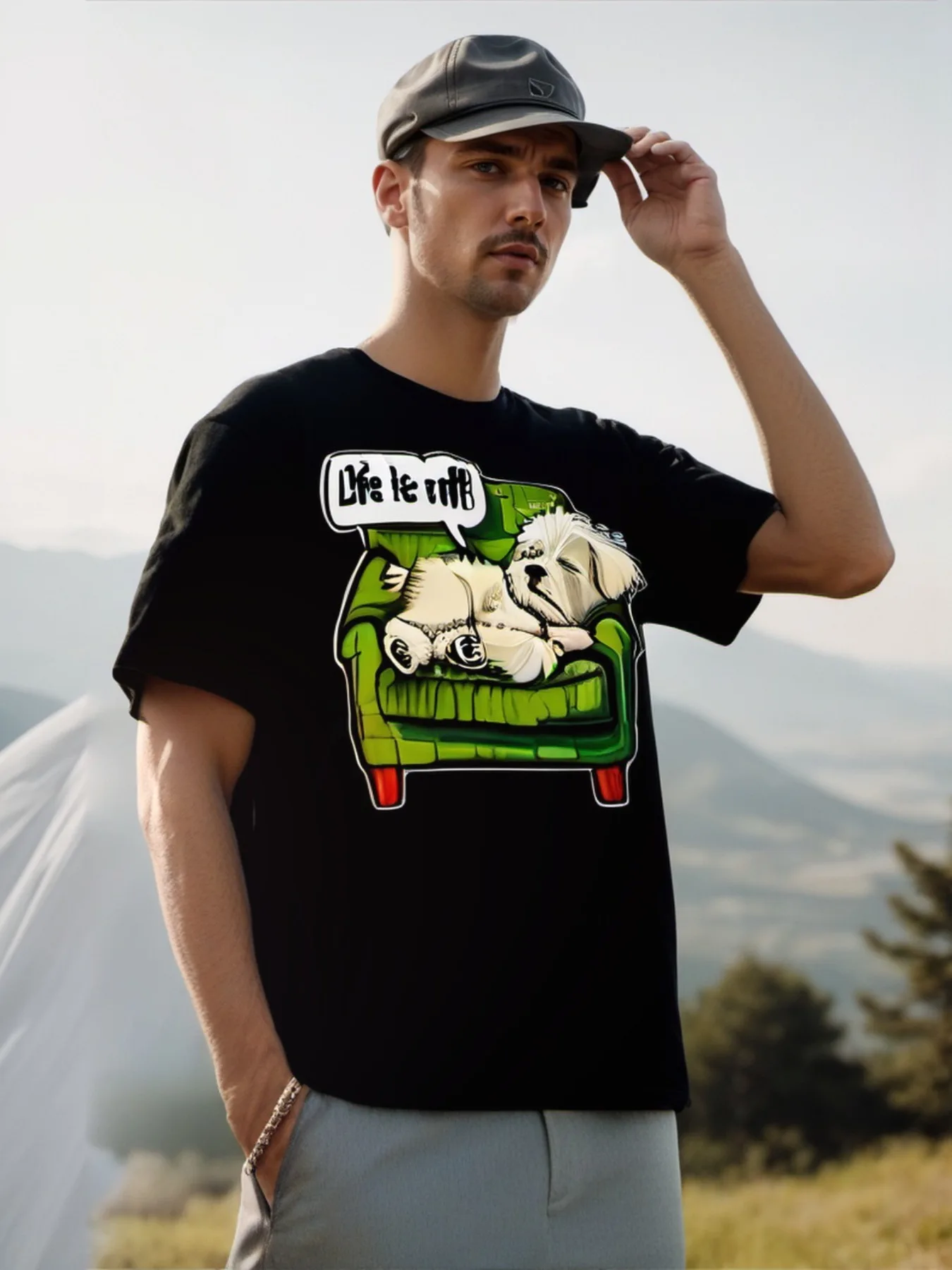 

1pc Men'S Casual Cotton T-Shirt with Cartoon Dog Graphic, "Life Is Ruff" Text Bubble, Round Neck, Relaxed Fit, All-Season