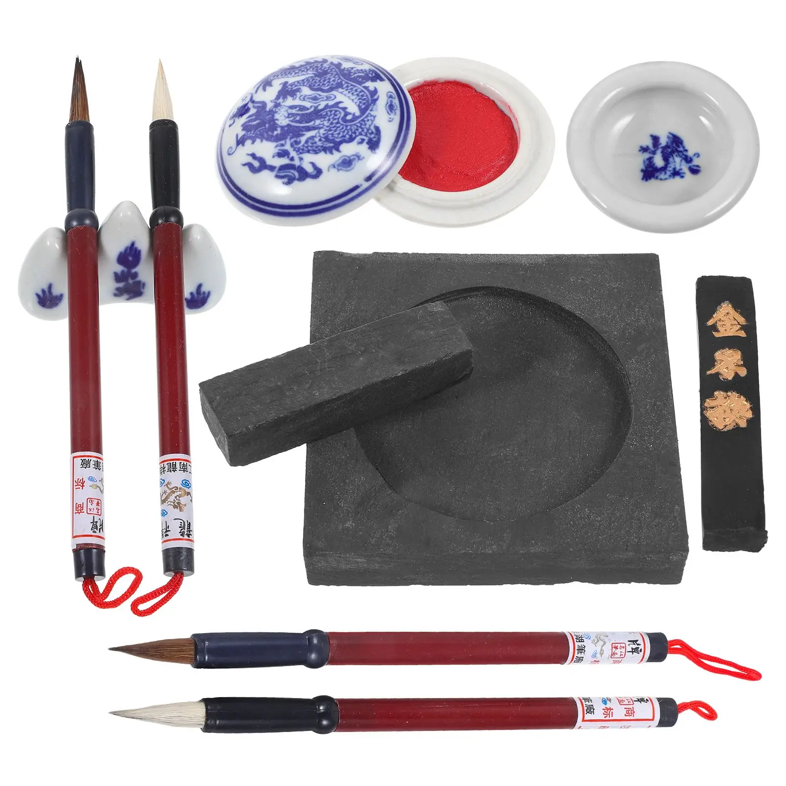 1 Set Chinese Traditional Calligraphy Set with Writing Brush Washer Holder Inkstone Ink Stick Seal Inkpad for Beginners Gift New