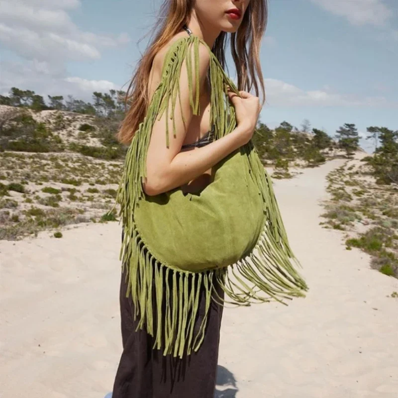 

Trendy Retro Tassel Women Armpit Bag Suede Design Dumpling Bag Shoulder Bag Western Cowboy Females Holiday Crescent Bag 2025