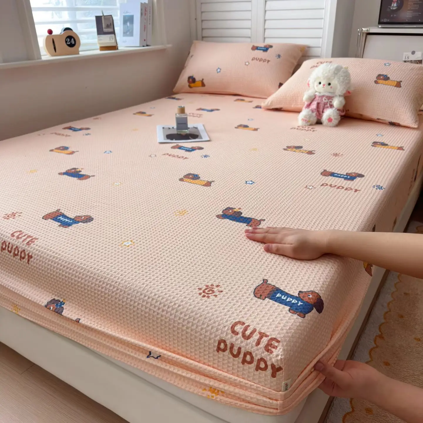 100%Cotton Waffle Bed Sheet Thick Bed Sheet sábanas para cama Single/Queen/King Size with Elastic Bed Linen ropa de cama 침대패드