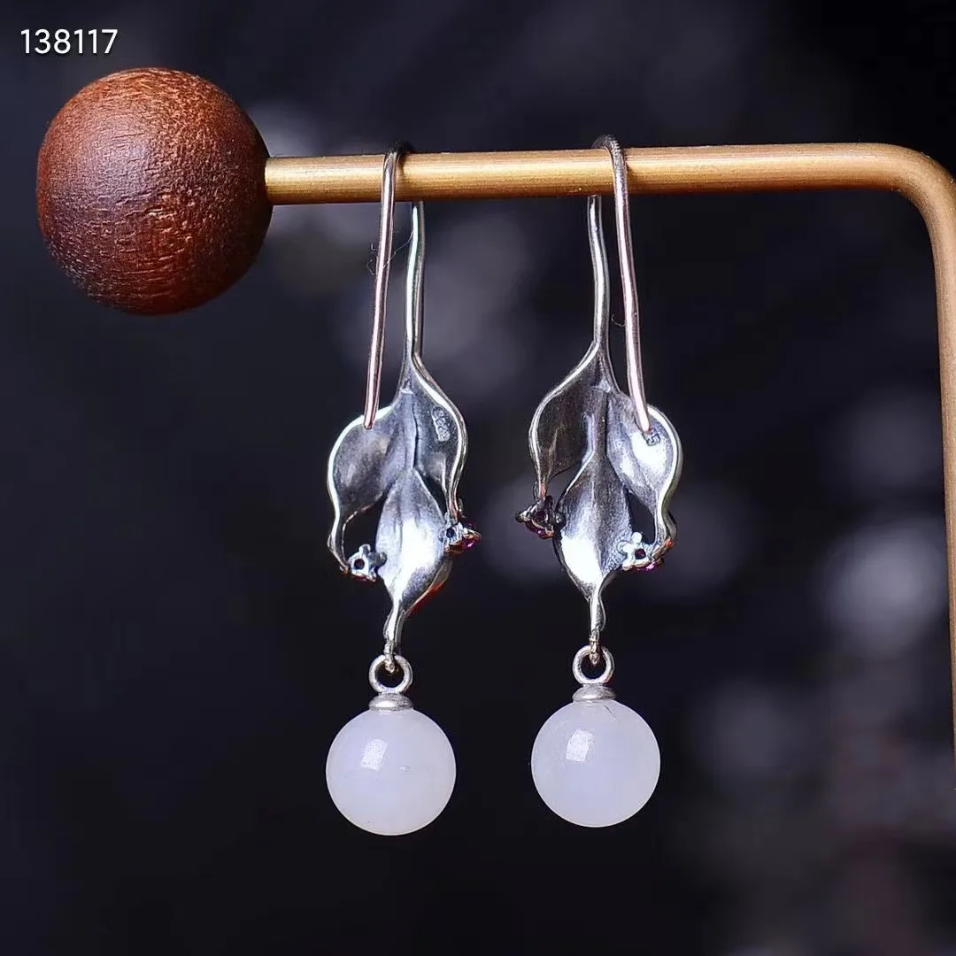 Natural 100% real 925 sterling silver leaf earrings mosaic white hetian jade beads fashion Earrings temperament women gift