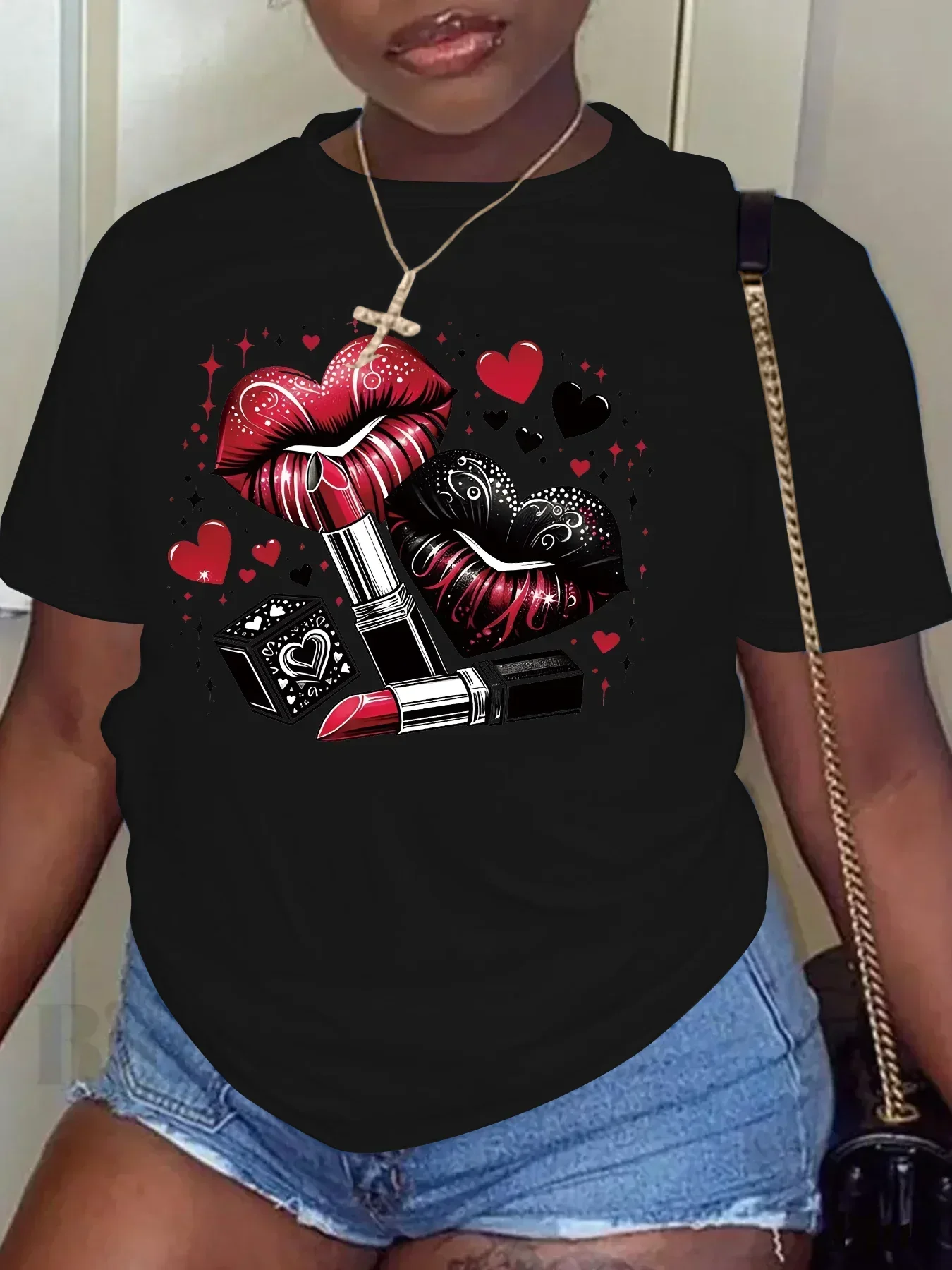 

Women Plus Size Clothing Summer Round Neck Short Sleeve Printed Love Lips Lipstick Fashion Plus Size T-Shirts Y2k Top