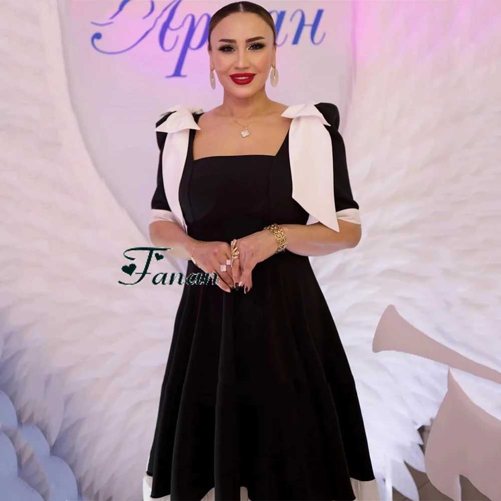 Customized Yipeisha Simple Black Jersey Pageant Party Gowns White Bow Square Collar With Draped Pleat A-line Tea-Length Evening  image 2