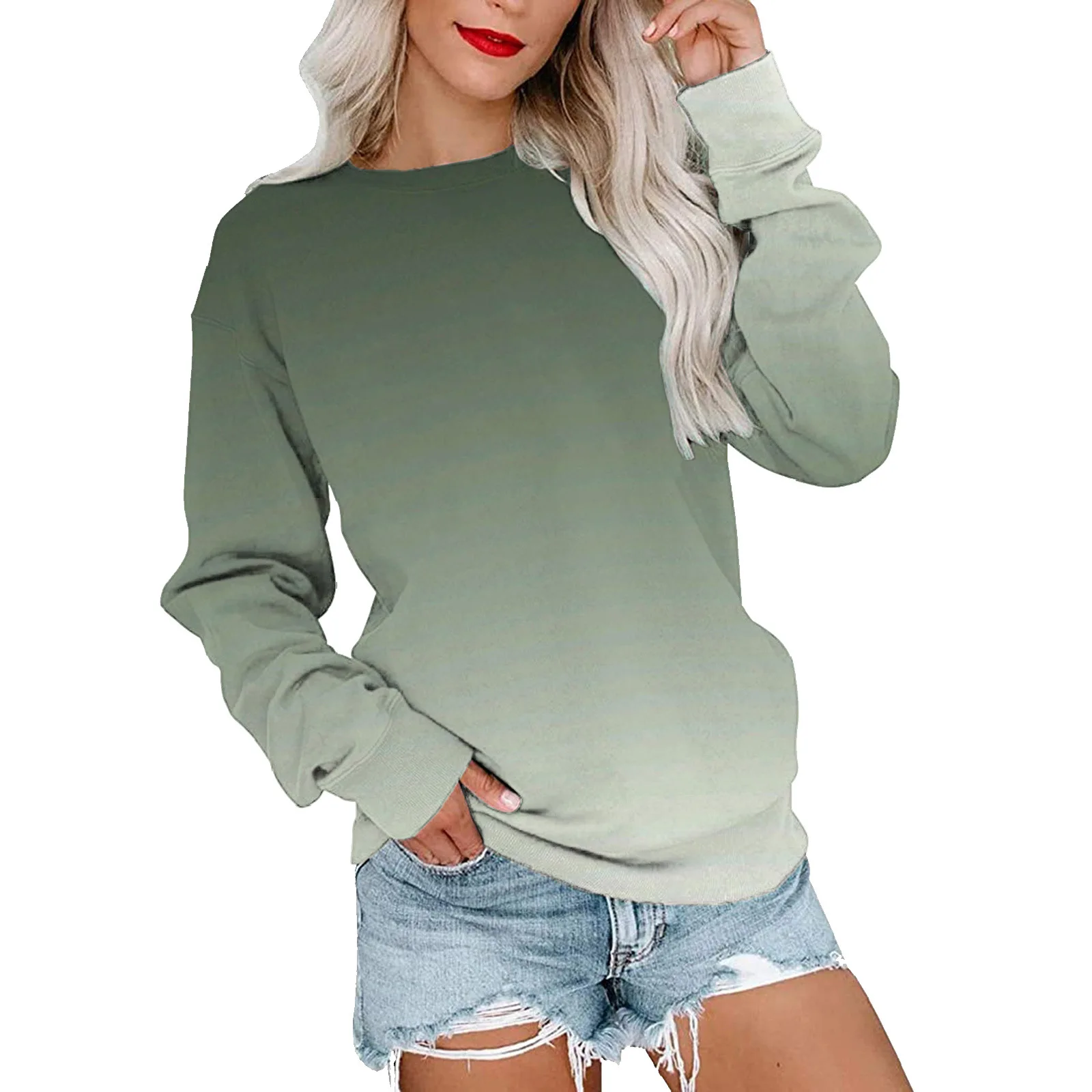 Casual Trend 3D Printing Gradient Round Neck Sweater Women\'s Clothing