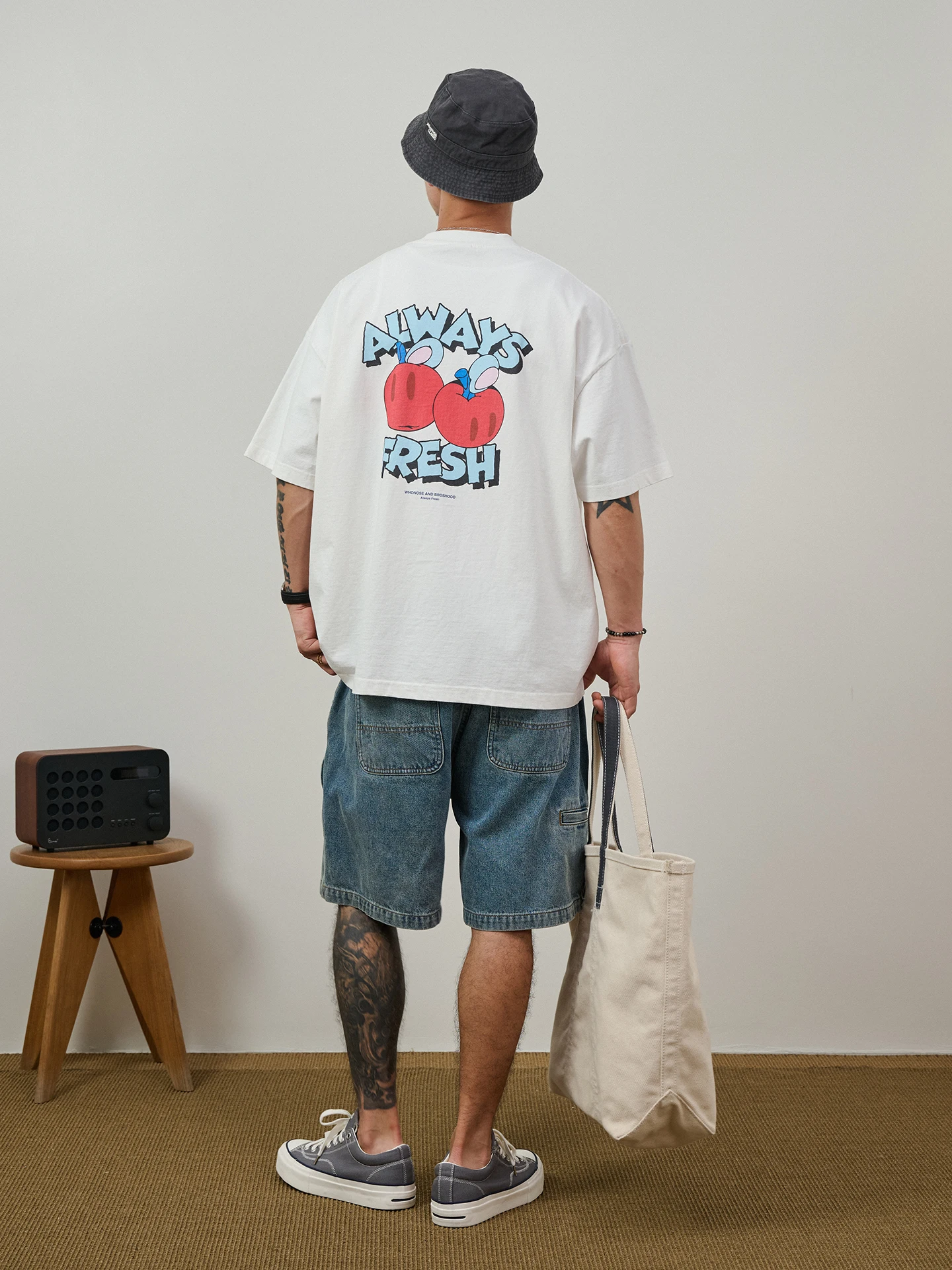 Broshood X JoeNg Whonose Vintage Washed Fruit Cartoon Direct Print Short Sleeve T-Shirt Cotton Youth Fashion Citywalk Summer