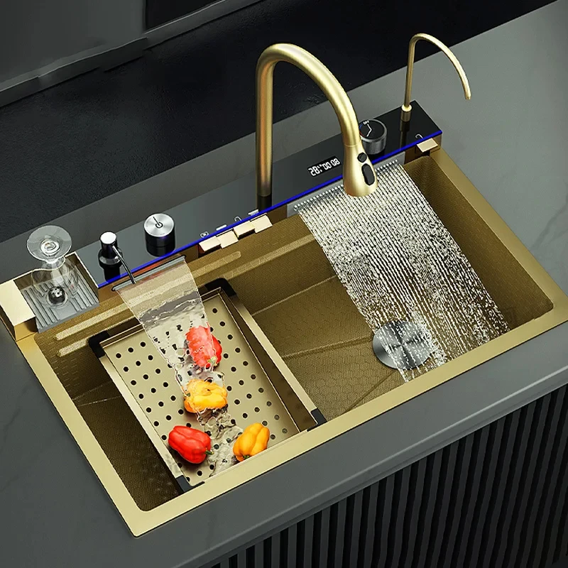 

Golden Stainless Steel Kitchen Sink Double Waterfall Sink Digital Display Embossed Large Single Slot Multi-functional Wash Basin