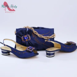 New Fashionable Peep Toe Mid Heel Shoes with Bag Set in Navy Blue For Nigerian  Women Wedding  Party