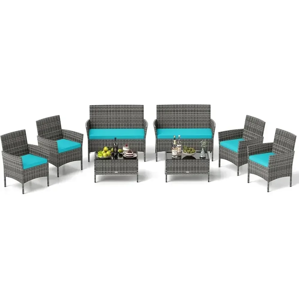 8-Piece Outdoor Patio Furniture Set - Wicker Bistro with Cushions, Glass Table, Chairs & Loveseat for Garden, Pool, Porch, Balco