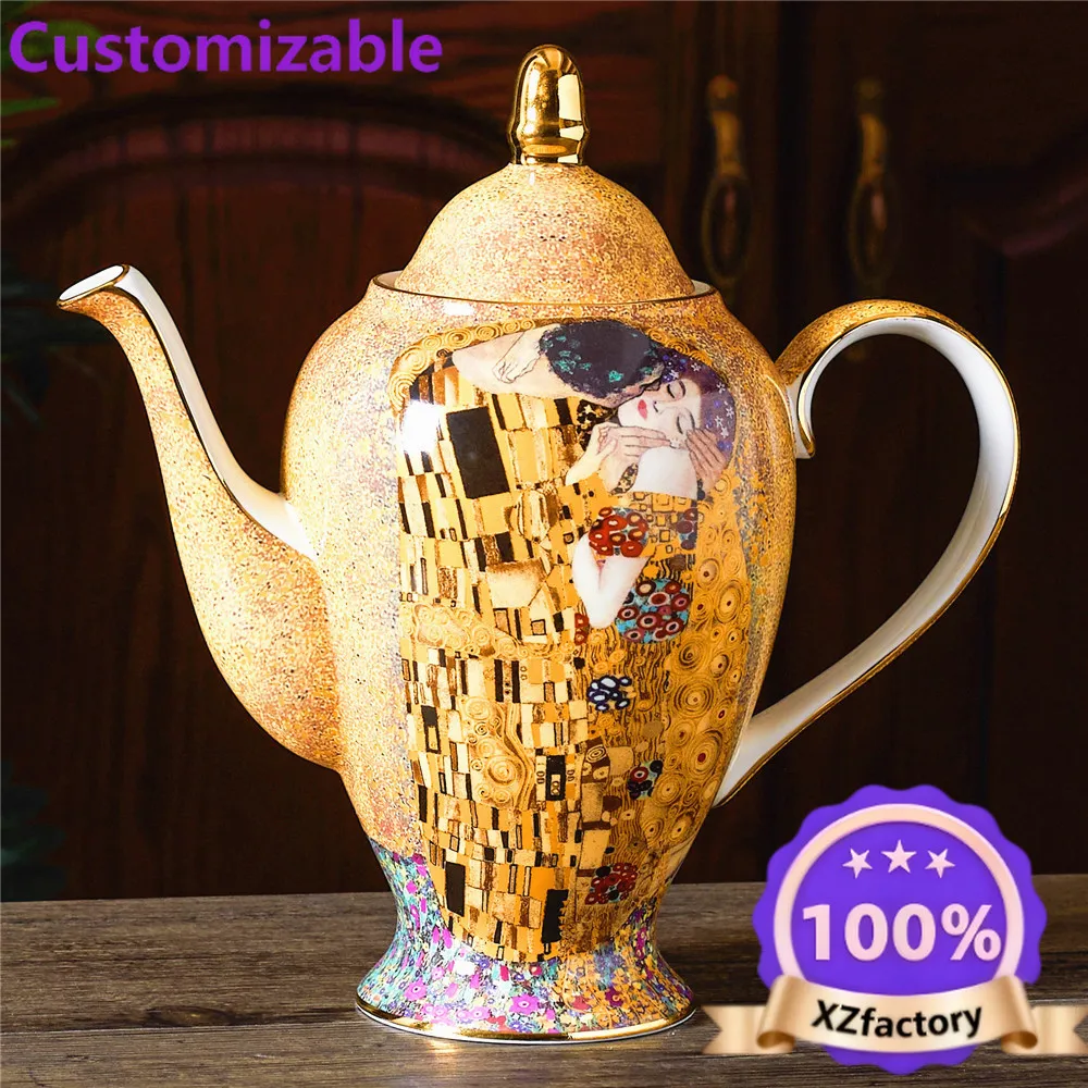 Factory Direct 2026 Top Rated European Light Luxury Oil Painting Couple Kiss Kiss Bone China Coffee Set