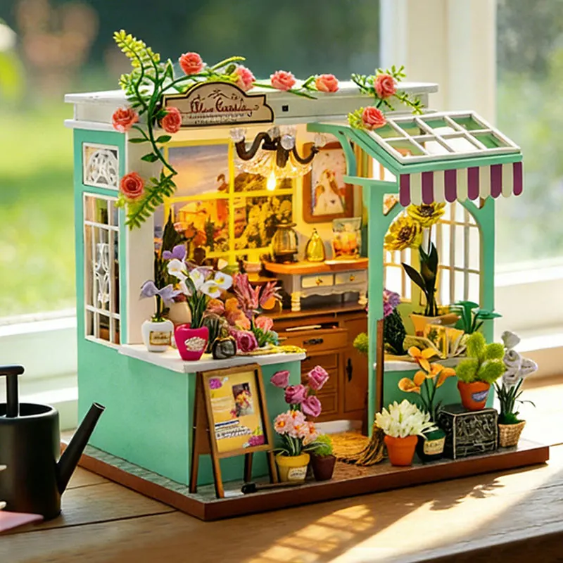 

Zuuton DIY Wooden Miniature Flower Shop Dollhouse Kit with LED Light Furniture 3D Puzzle Handmade Craft Model Home Decor Gifts