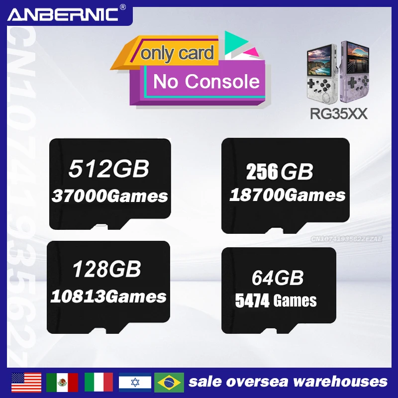 ANBERNIC Handheld Game for Bag, Jogos Pré-carregados, Cartão TF para Escolher, Cartão SD, 23000 Jogos Embutidos, 256GB, 256GB, 128 GB, 256GB, 23000 Jogos