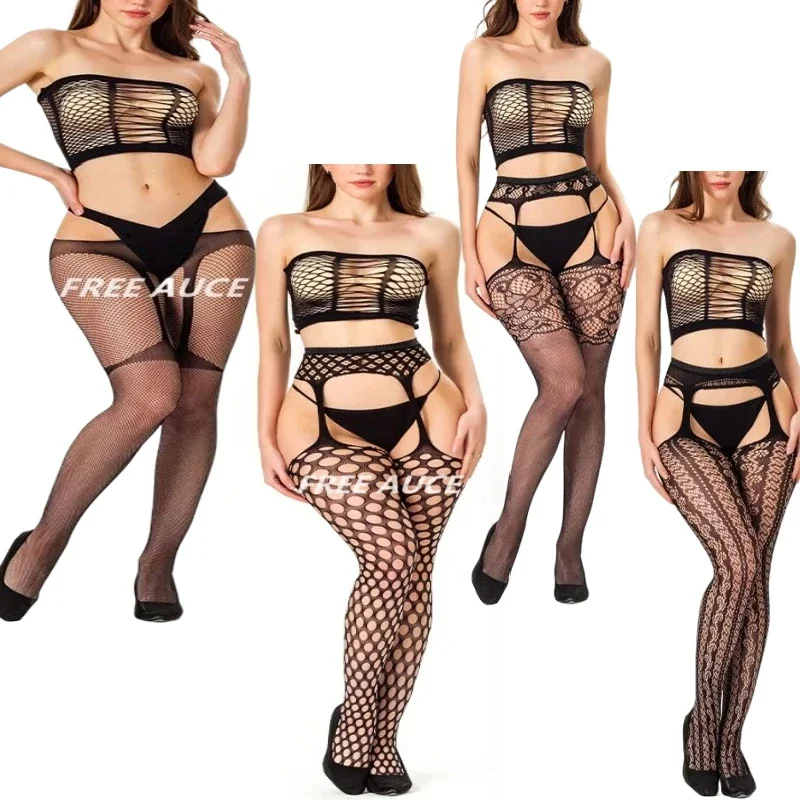 FREEAUCE Oversize Women Sexy Pantyhose Plus Size Fishnet Lace Thigh High Stockings with Garter Belt Suspenders Underwear Tights