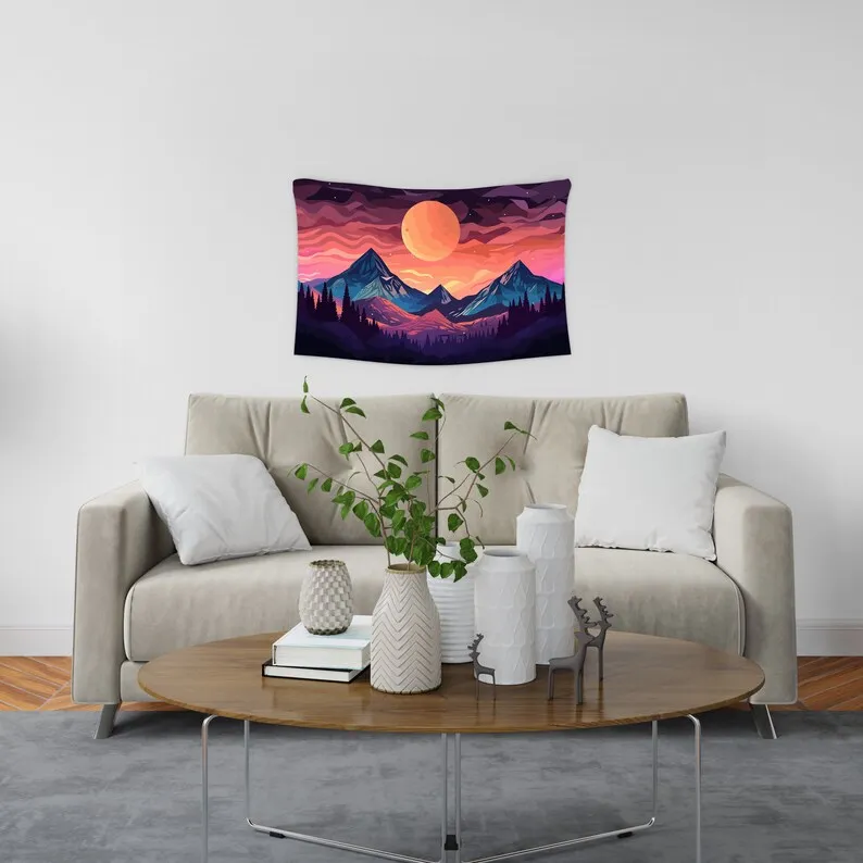 Purple mountain moon tapestry cosmic landscape night sky art living room wall decor