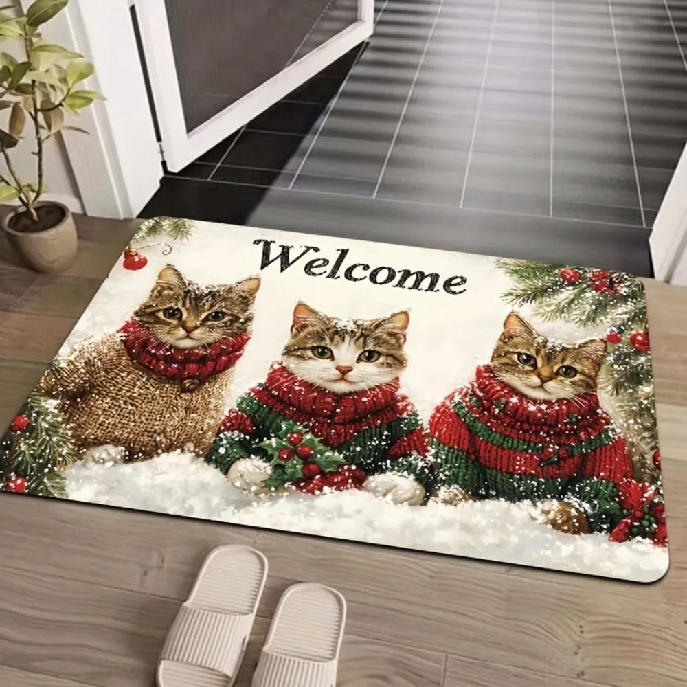 VIKAMA Christmas, Three Cats, Cute Print Carpet Home Decor, Non-Slip And Dirt-Proof, Warm Floor Mat For Living Room And Porch