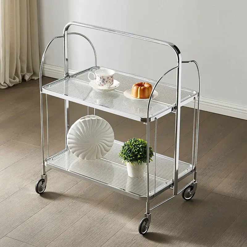 Kitchen Trolley Glass Shelving Movable Nordic Furniture Multi-layer Shelf Torage Rack Edside Cabinet Stainless Steel