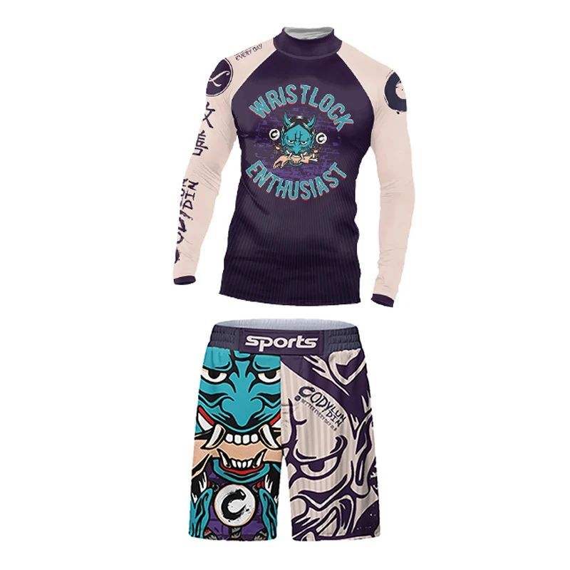 Full subliamtion Print MMA Rashguard Men's Running Suit Muay Thai Shorts Rash Guard Sports Gym Men Bjj Boxing 4pcs/Sets Clothes