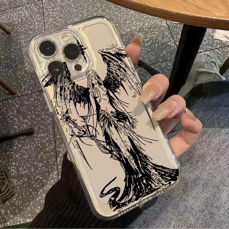 INS Style Space Angel Girl Transparent Phone Case For iPhone 16E 17 16 15 14 13 Pro Max Air 11 12 Mini XS XR X 7 8 Plus SE Cover