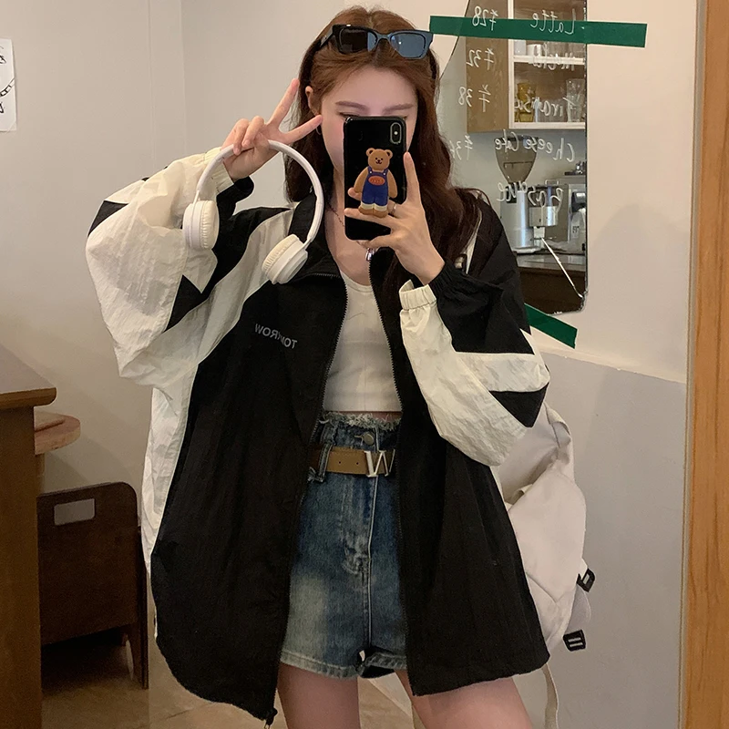 Harajuku Women Casual Jackets Korean Sweet Loose Zipper Patchwork Female Coats Preppy Style Fashion Ladies Sunscreen Coat