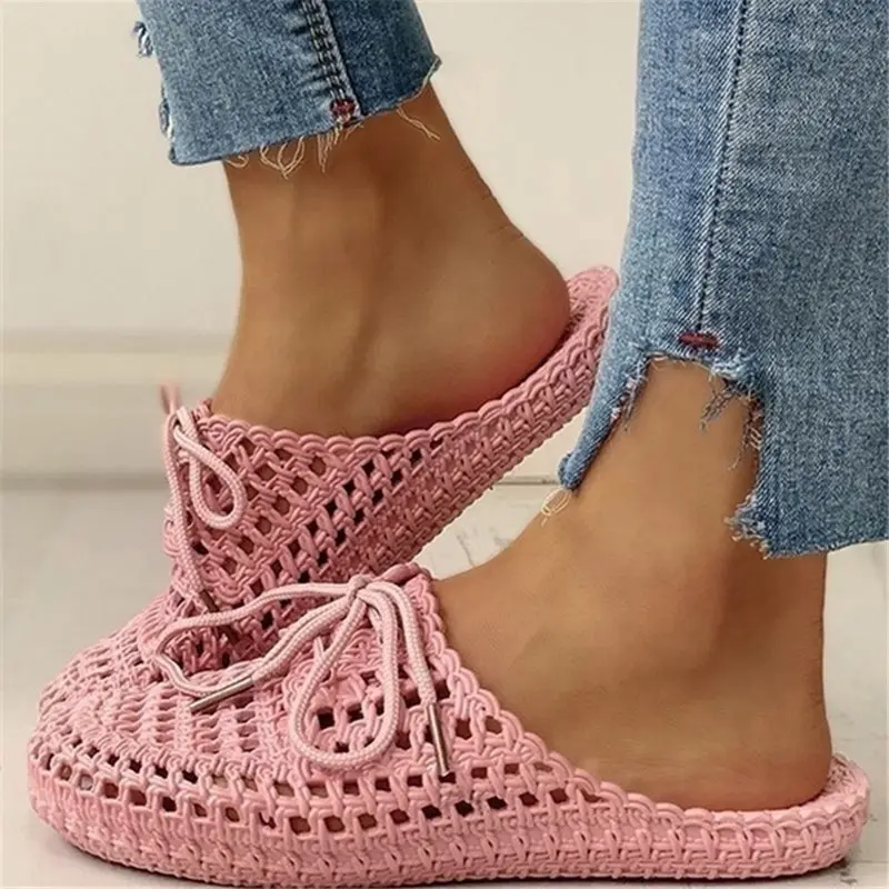 Summer Slippers Shoes Woman 2022 Closed Toe Breathable Flip Flops Hollow Out Lace Up Summer Outdoor Beach Slides Flats Pink Rome