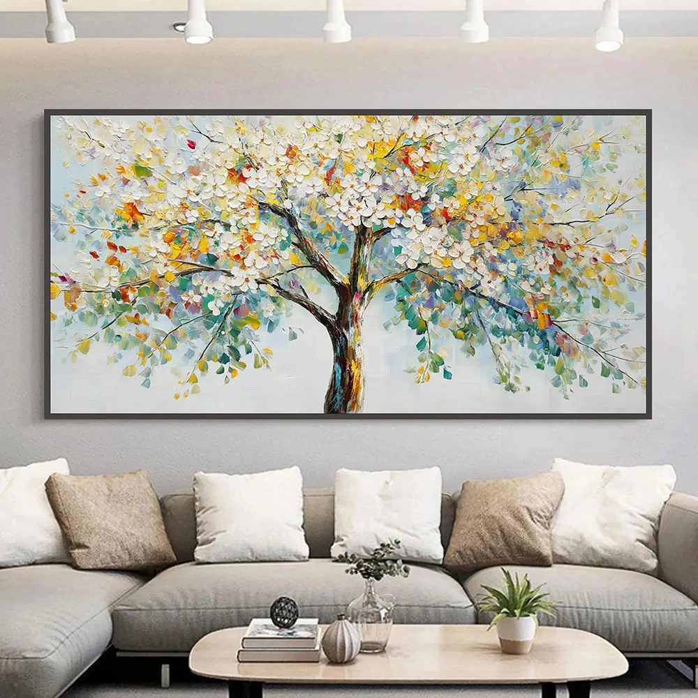 Vibrant Blossoming Tree Painting, Colorful Tree of Life Painting On Canvas, Joyful Nature Landscape Wall Art, Living Room Decor,