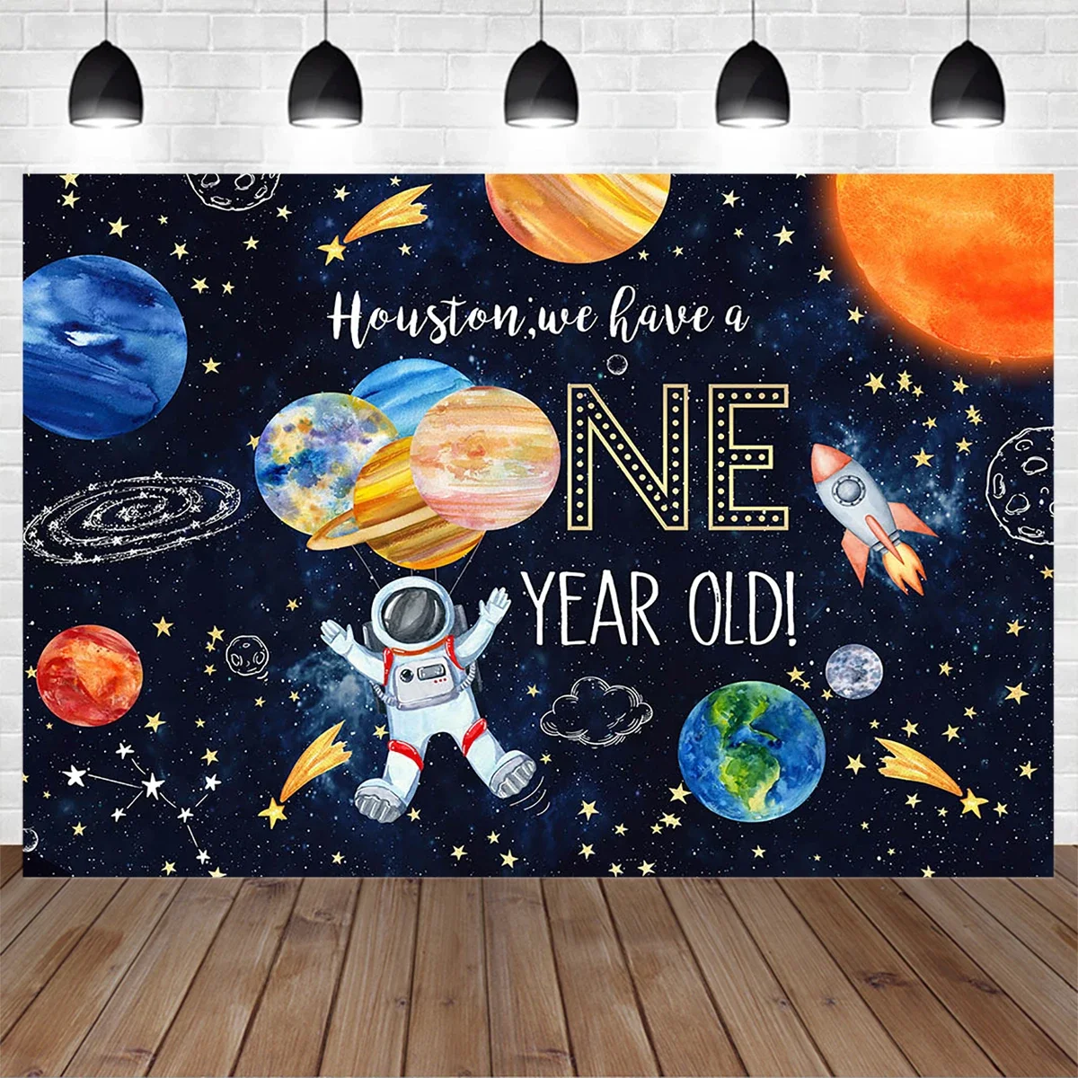 Mocsicka Birthday Planet Universe Photography Backdrop Astronaut Starry Skyrocket One Year Old Background Banner Kids Boy Studio