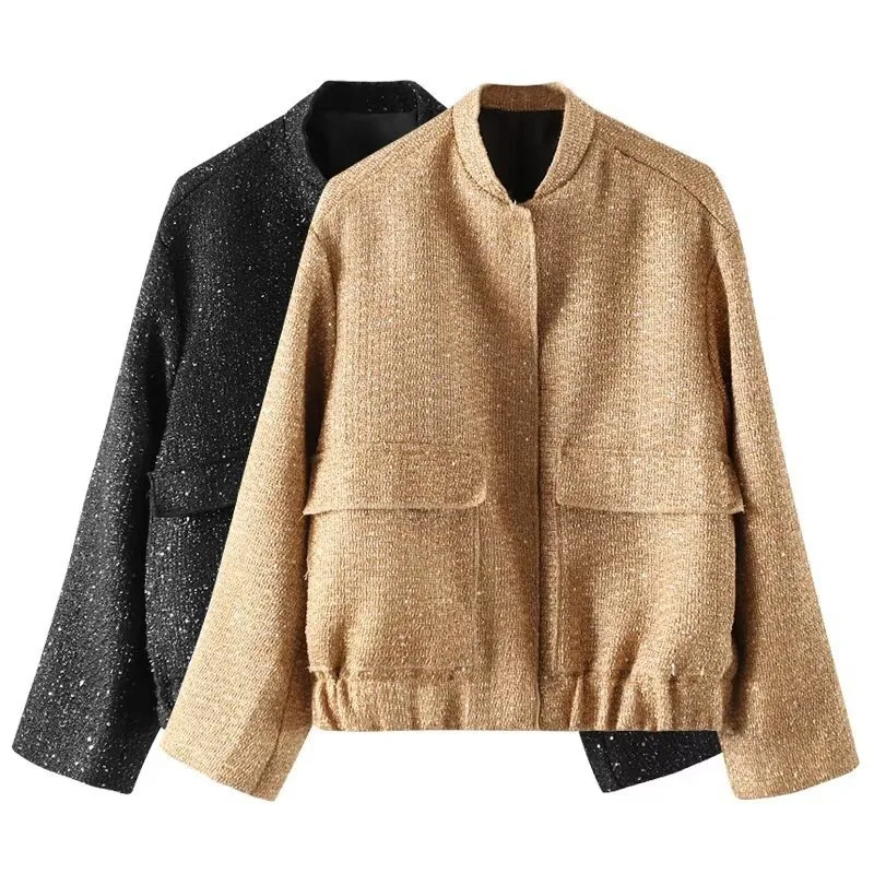

Women Fashion Shiny Sequin Jacket Y2k Gold Color Stand Collar Long Sleeve Short Coat Autumn Winter Ladies High Streetwear