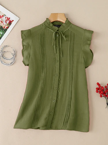 Imagen 1 del producto Camisas de oficina de verano ZANZEA, blusa elegante sin mangas para mujer, Blusas plisadas lisas, blusas elegantes con cuello levantado y botones para vacaciones