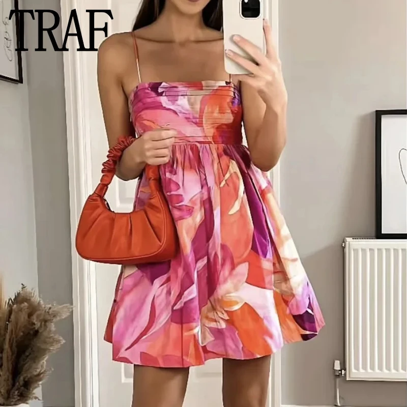 TRAF 2023 Pleated Slip Mini Dress Woman Print Summer Beach Dress Women Backless Sexy Short Dresses Ruched Holiday Party Dresses