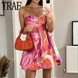 TRAF 2023 Pleated Slip Mini Dress Woman Print Summer Beach Dress Women Backless Sexy Short Dresses Ruched Holiday Party Dresses