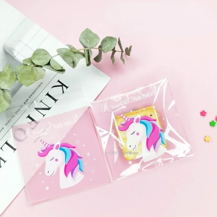 100Pcs Pink Unicorn Series Plastic Self-Adhesive Bags Cookies Candy Packaging Bags Wedding Birthday Parties Baby Shower Gifts