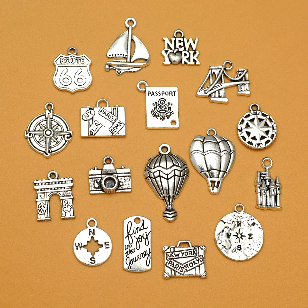 จี้รูปเข็มทิศสำหรับการเดินทาง20ชิ้น/ล็อตจี้ห้อยคอรูปบอลลูนอากาศร้อนอุปกรณ์การทำเครื่องประดับแบบทำมือ