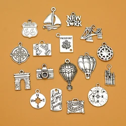 20pcs/lots Travel Journey Charms Compass Hot Air Balloon Camera Passport New York Pendants For Diy Jewelry Making Supplies