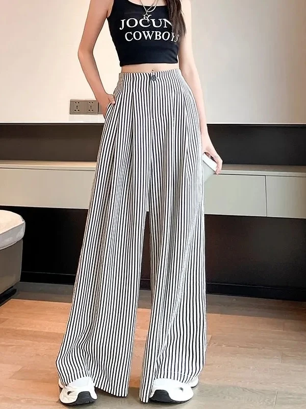 High Waist Striped Thin Pants Wide Leg Casual Loose Summer New Style Women's Straight Leggings Slimming Long Trousers