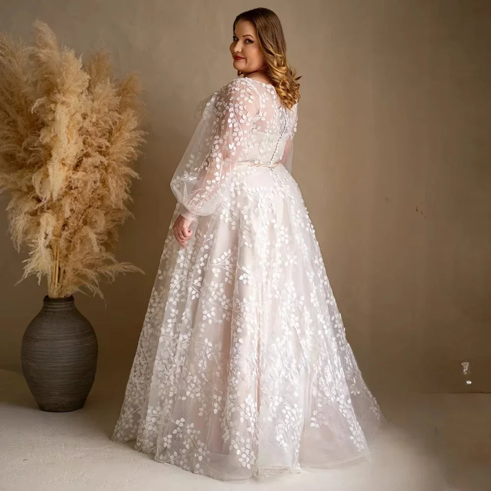Plus Size V Neck Illusion Long Puff Sleeve Wedding Dress 3D Floral Petal Embroidery Tulle A Line Ball Gown Skirt with Train