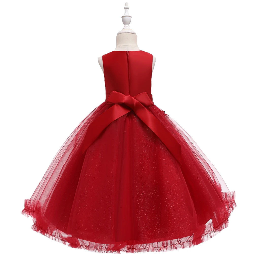 Red Sleeveless Tulle Flower Girl Dress For Kids Round Neck Nail Bead Embroidered Child Party Wear For Girl 3-12 Years