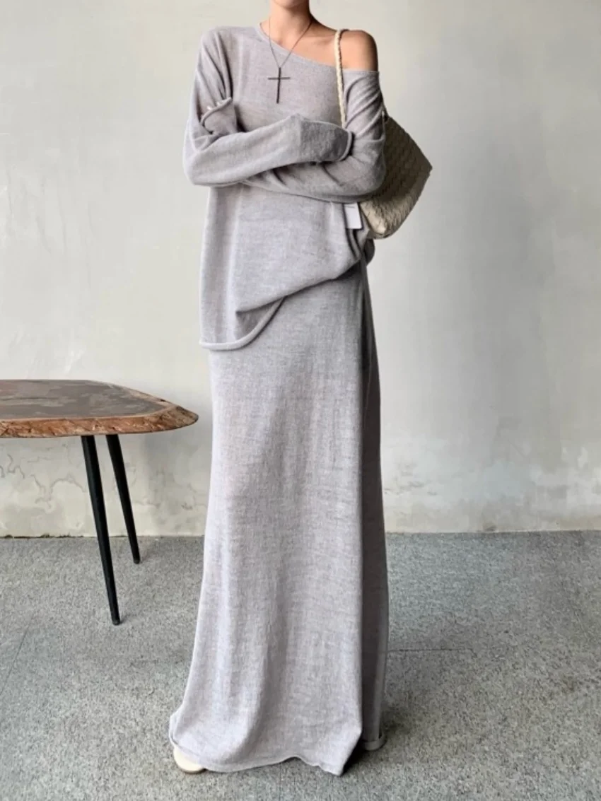 Alien Kitty 캐주얼 게으른 스타일 투피스 정장 여성 느슨한 부드러운 OL 봄 2025 니트 오프 숄더 스웨터 맥시 스커트