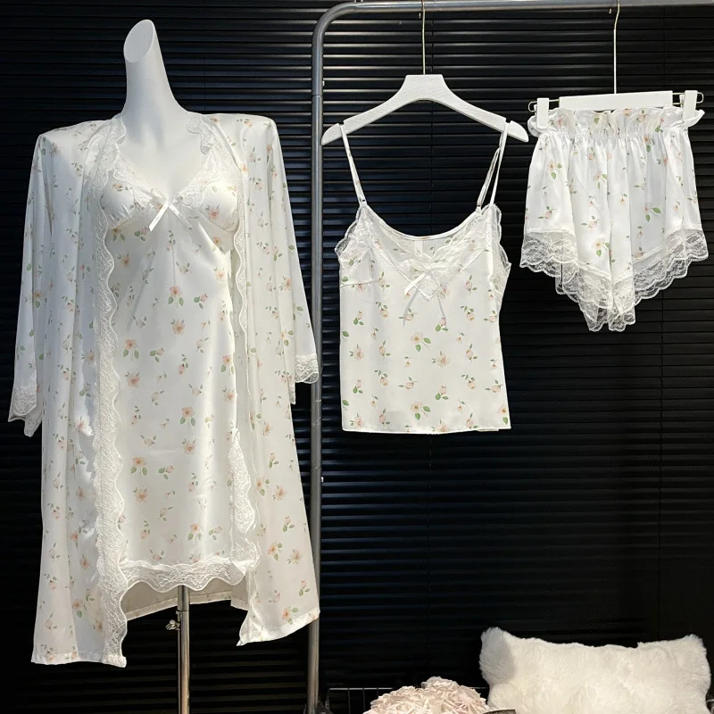 

Женская сексуальная атласная пижама с кружевным принтом, модная ночная сорочка с V-образным вырезом, комфортная пижама с подушечками для груди, повседневная домашняя одежда