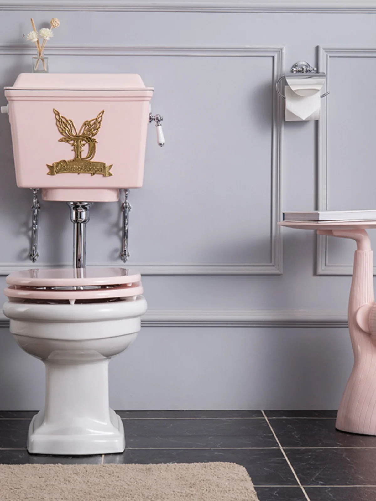 British style retro toilet, pink aluminum alloy water tank, split toilet, silent solid wood cover, light luxury