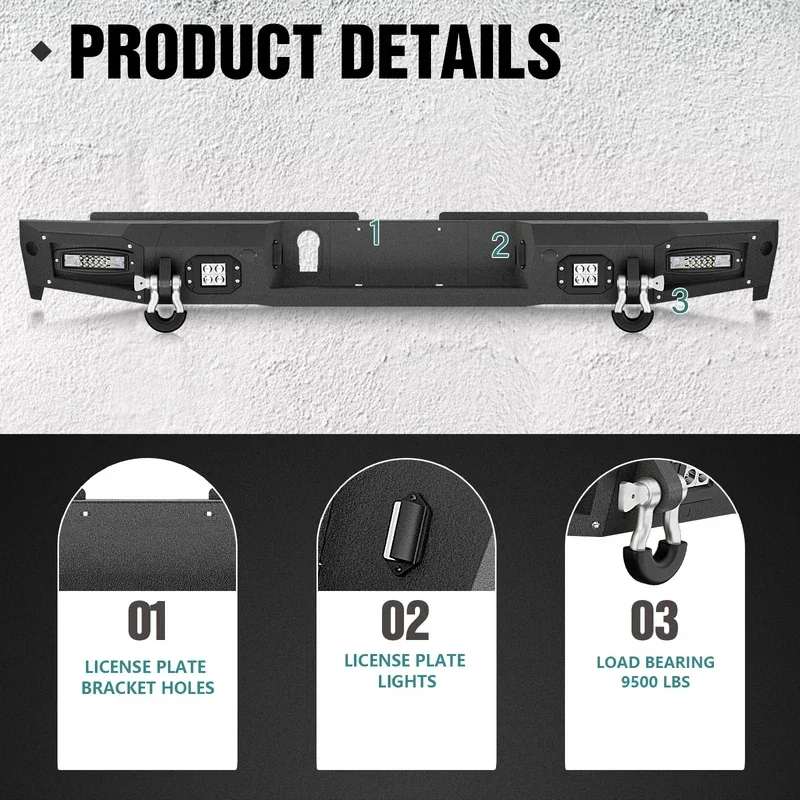 Rear Bumper with 4 ×  s, License Plate s, Sensor Holes & D-rings for 2019 2020 2021 2022 2023  Ranger Pickup