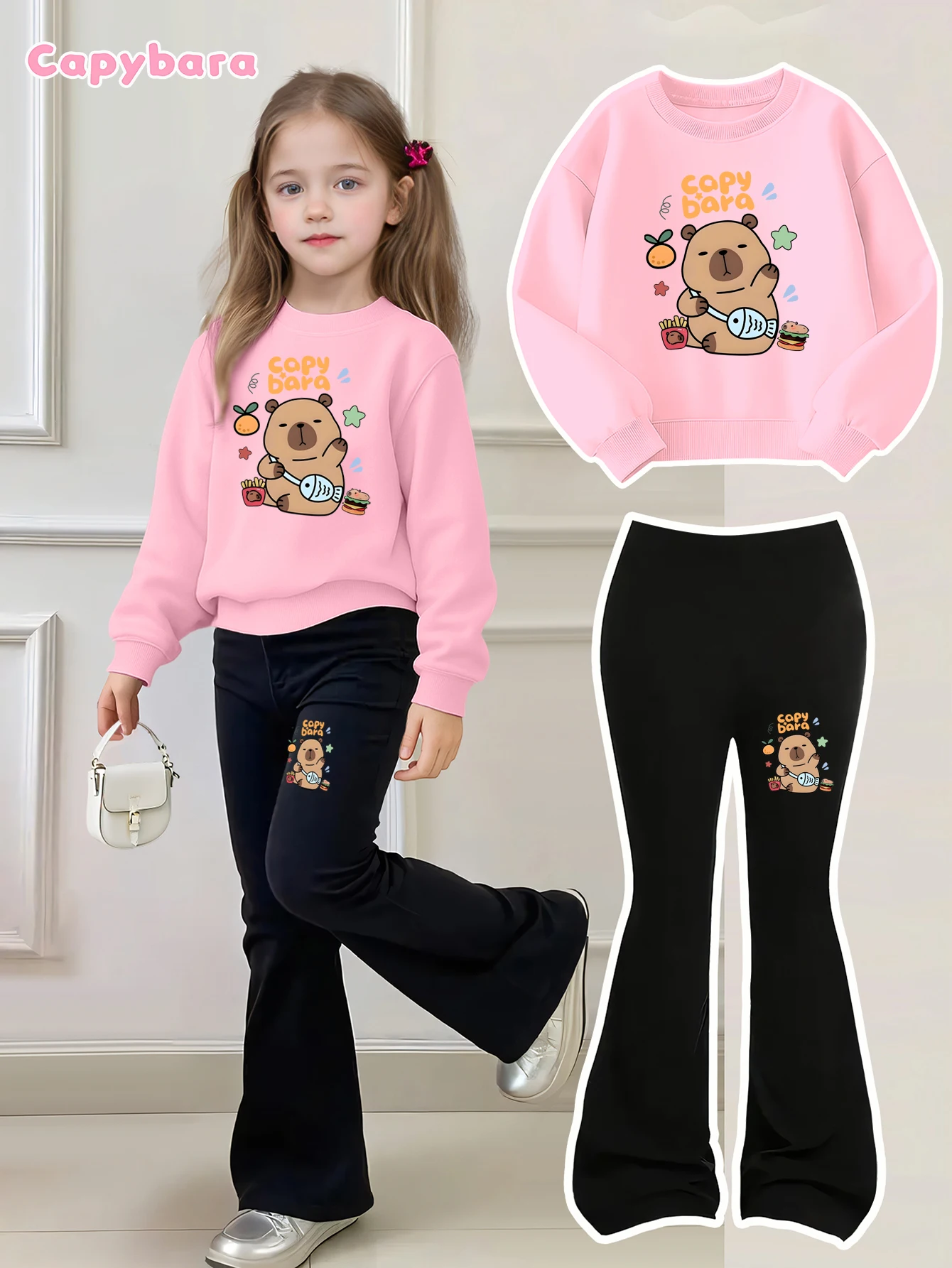 Kinderkleidung für Mädchen, zweiteiliges Set für Frühling und Herbst, Sweatshirt mit rosa Capybara-Print + schwarze Schlaghose, Pullover mit Capybara-Print, bequem für Zuhause und im Freien,