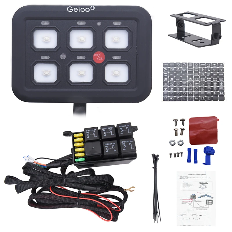 7-Color Adjustable LED 6 Gang Switch Panel Circuit Control Relay System Box Slim Touch Control Panel for Boat Jeep UTV Caravan